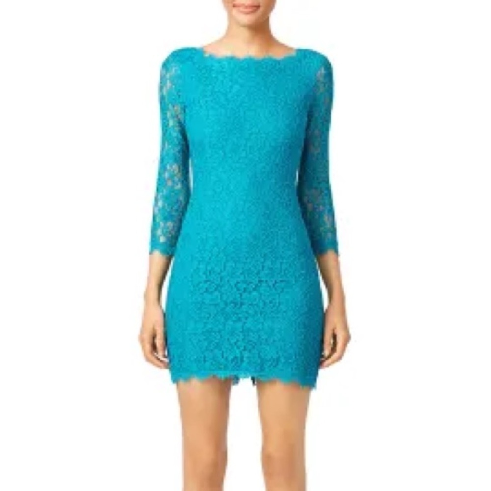 Diane Von Furstenberg Zarita Teal Lace Cocktail Mini Dress